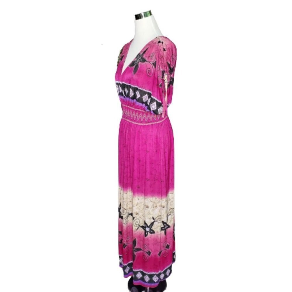 jessica Taylor Pink Floral Pullover V-Neck Back Smocked Waist Midi Dress Large - Picture 4 of 7